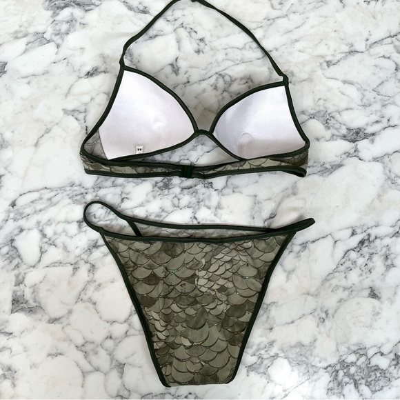 Roberto Cavalli olive green metallic mermaid print two piece string bikini swim - Picture 2 of 14